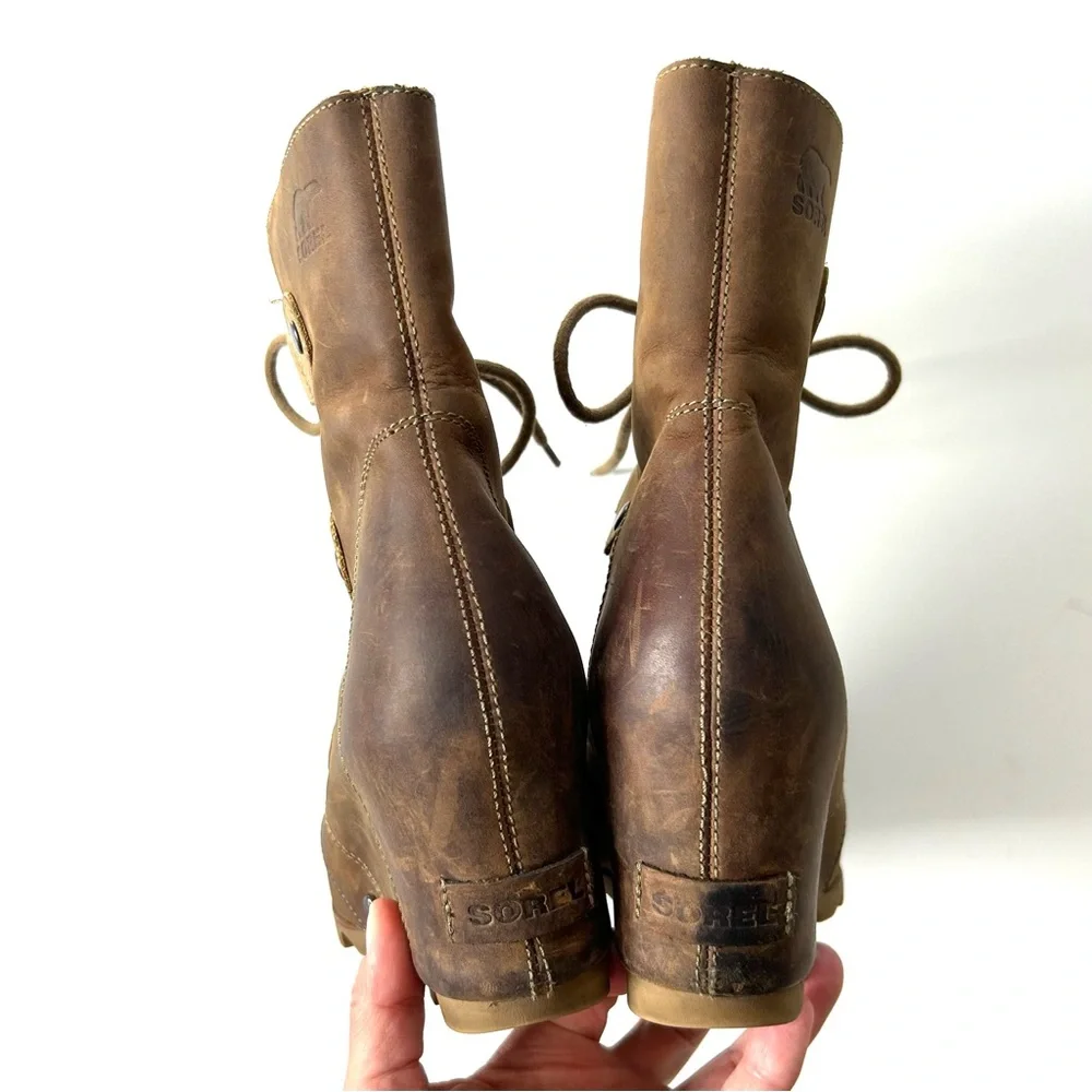 Sorel Joan of Arctic Wedge Mid Brown Distressed Genuine Leather Waterproof Boots